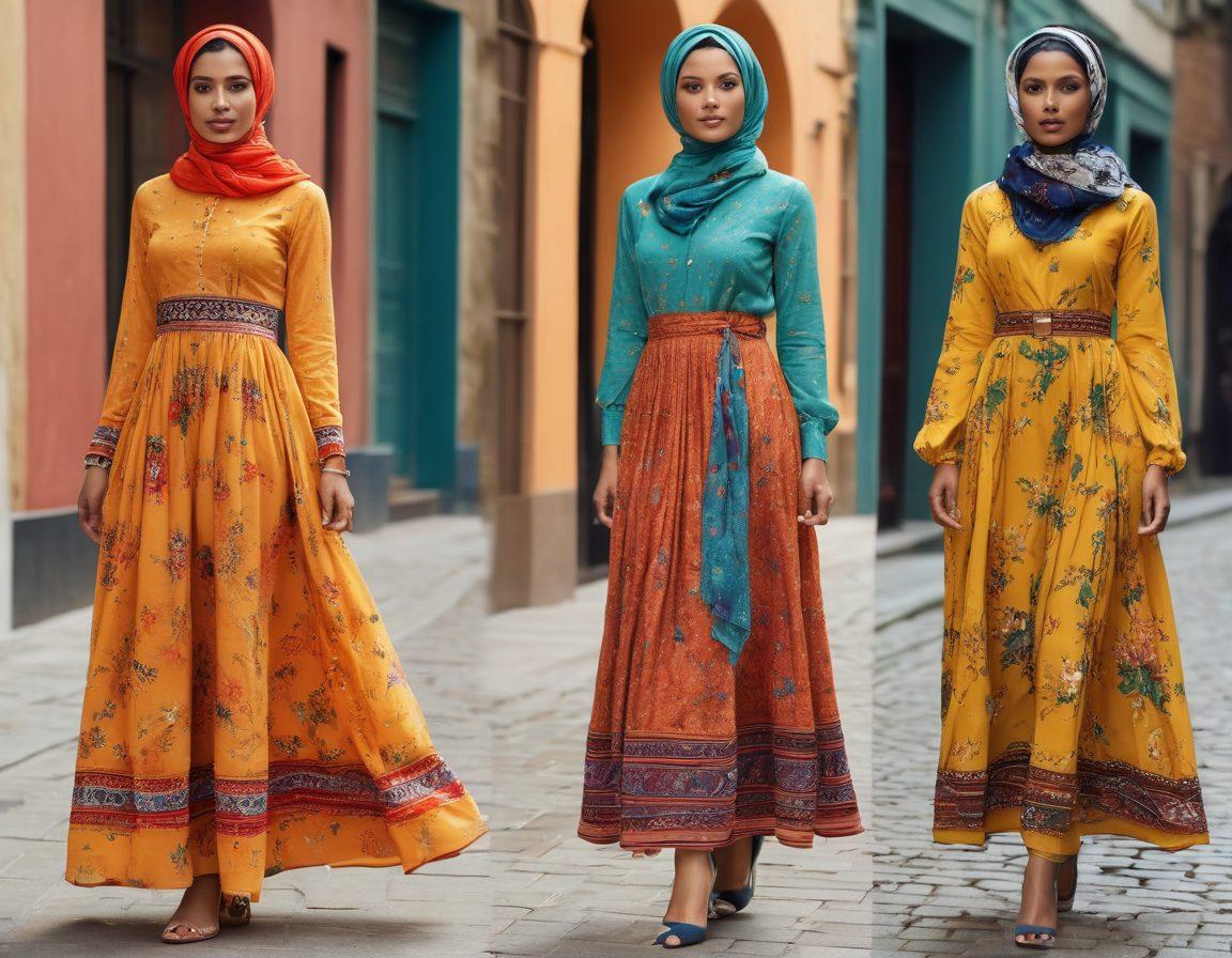 A stylish wardrobe transformation showcasing elegant modest wear, featuring a mix of traditional fabrics and modern cuts. Include diverse models of various ethnicities gracefully wearing flowing dresses and stylish accessories in a bright, modern setting. Add elements of urban fashion, like chic shoes and subtle headscarves. Emphasize vibrant colors and textures contrasting with an urban backdrop. super-realistic. vibrant colors. contemporary fashion.