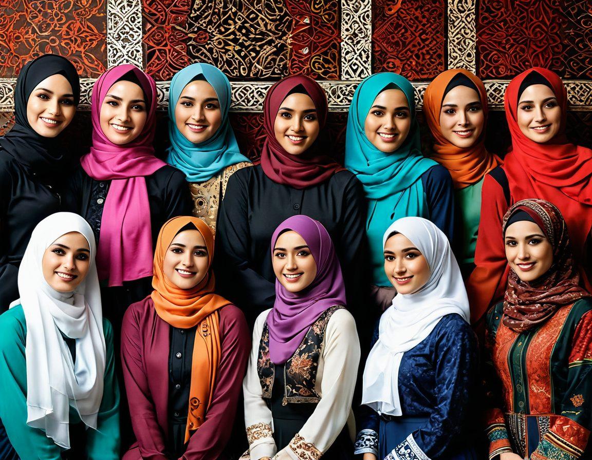 A collection of diverse models showcasing fashionable hijabs in various vibrant colors and intricate patterns, expressing affection through warm smiles and graceful poses. The background features cultural motifs that symbolize heritage, with soft lighting highlighting the elegance of the hijabs. The atmosphere feels celebratory and inclusive, inviting viewers to embrace their identity with style. super-realistic. vibrant colors. cultural motifs.